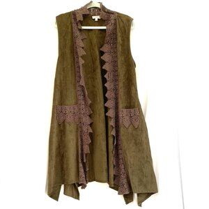 Umgee Womens Faux Suede Crochet Lace Trim Vest Size L Olive Green Pockets Boho